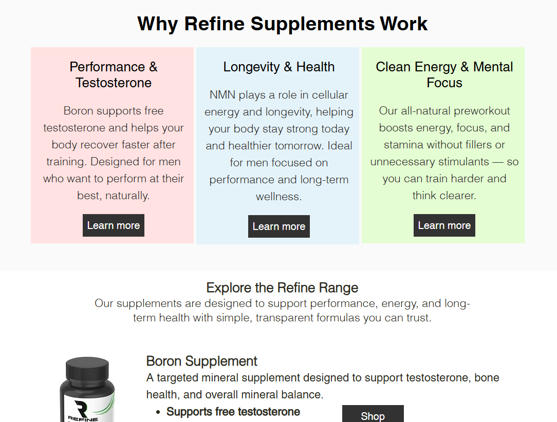 Product page for Refine Supplements